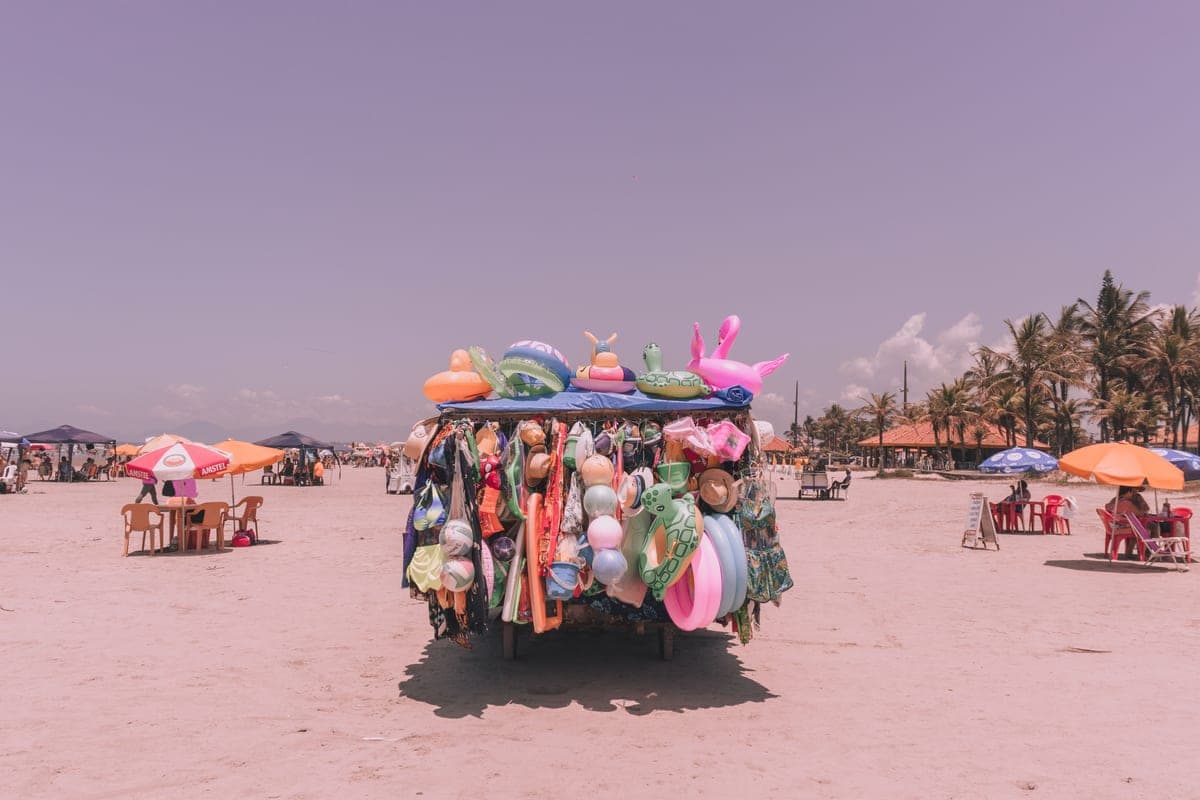 A beach cart carrying gear across the sand